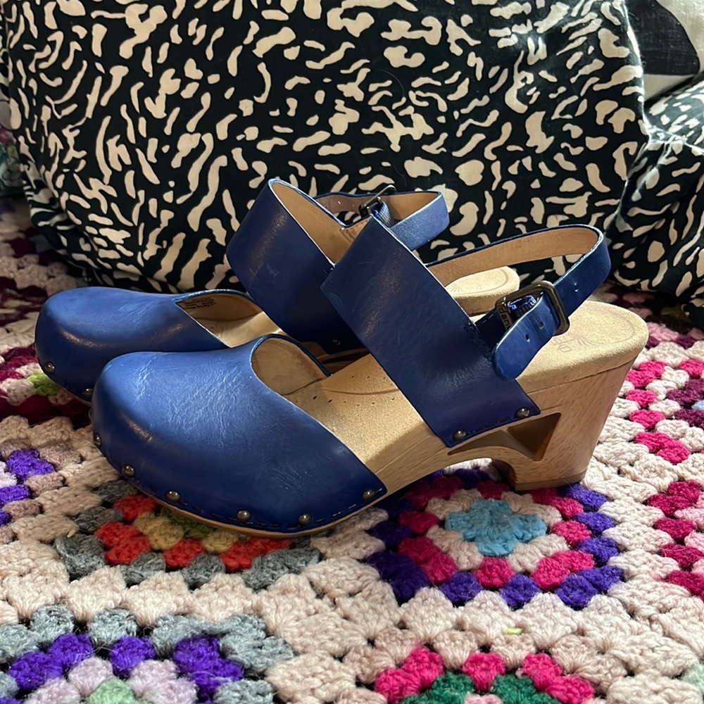 Dansko Royal Blue Leather Slingback Wedge Clogs